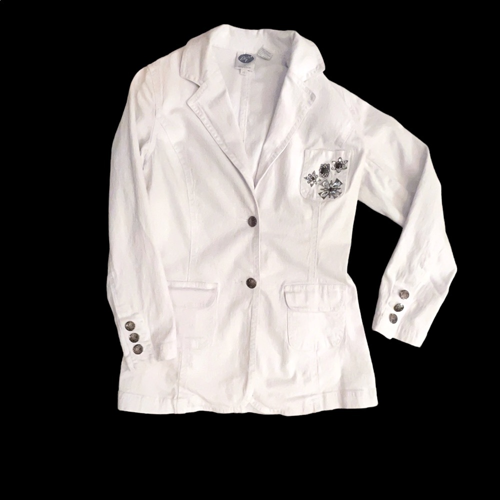 DG2 WHITE VINTAGE SPRING/SUMMER DENIM WITH STRETCH EMBELLISHED BLAZER
